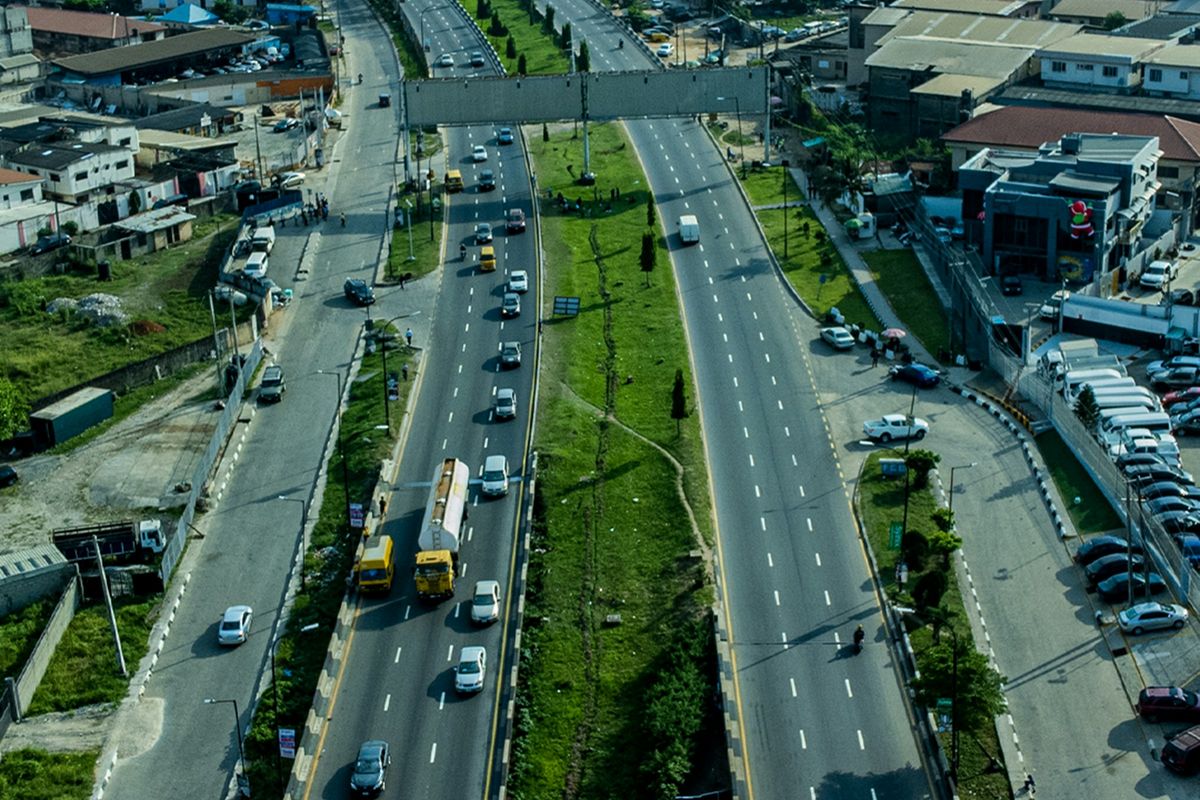 An aerial view of a highway in a Nigerian city