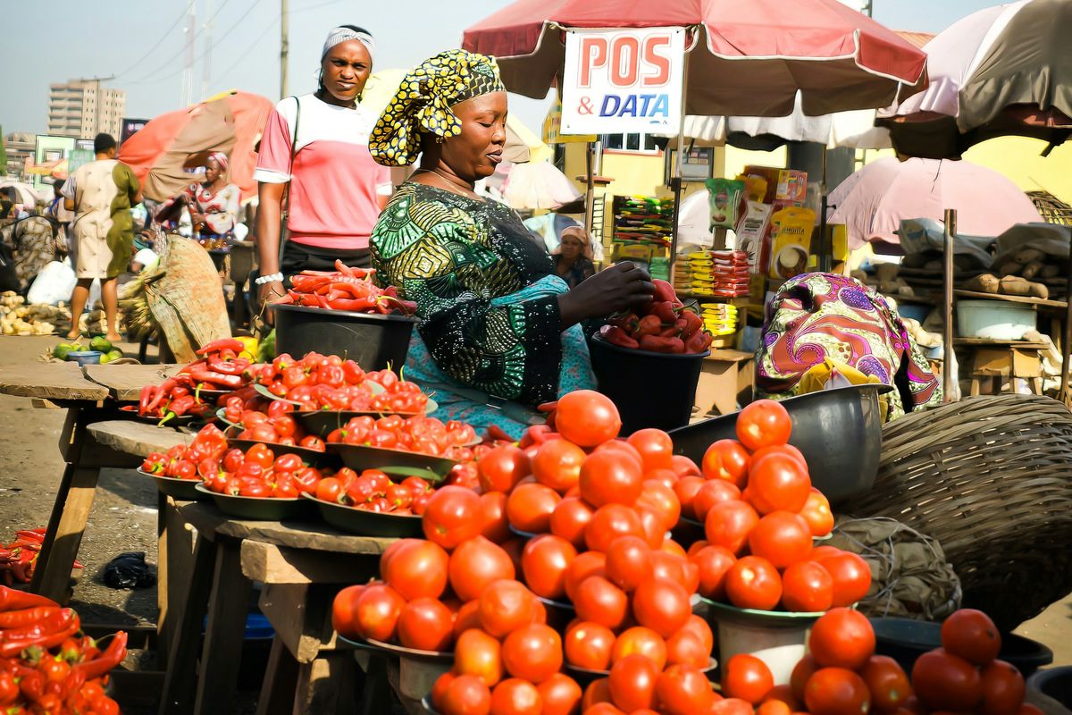 Shoppers around a table of tomatoes in a Nigerian market