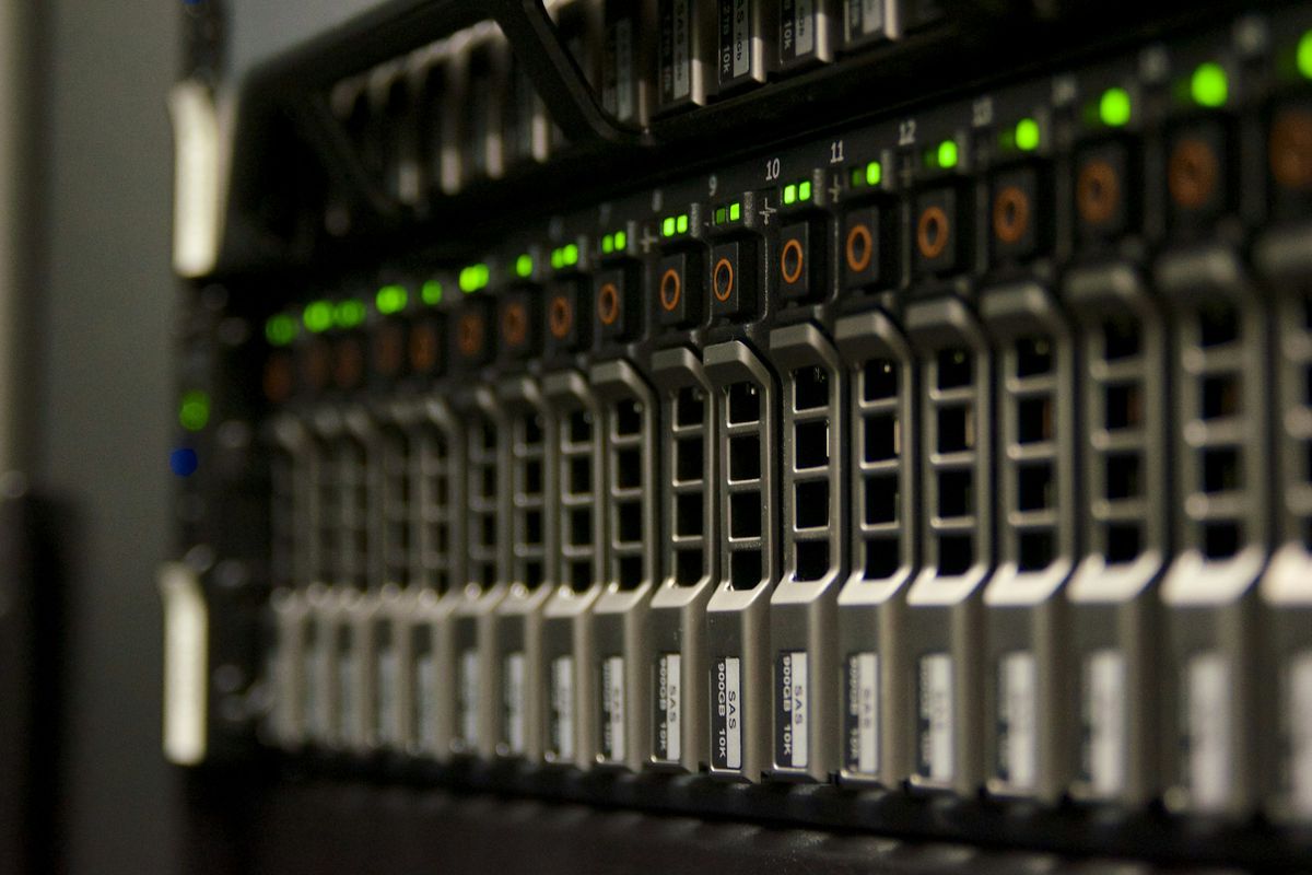 A server rack with blinking lights