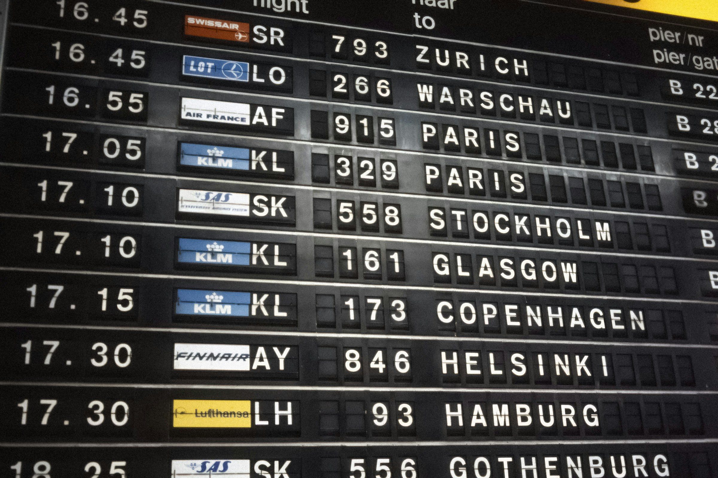 An airport departure board