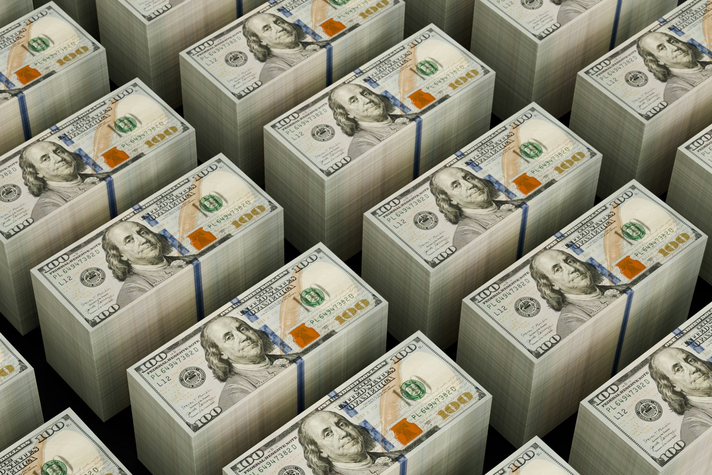 Bundled stacks of United States hundred-dollar bills