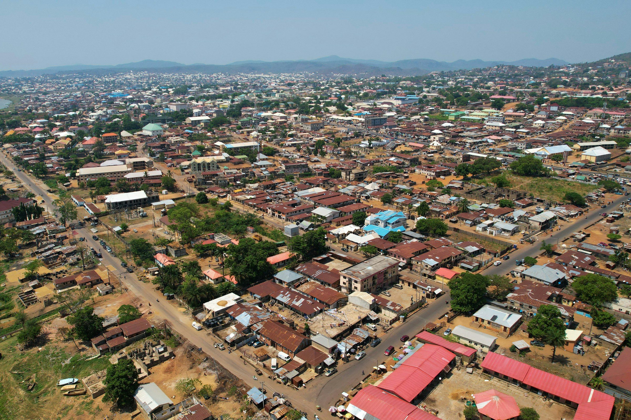 An aerial view of a Nigerian city and river