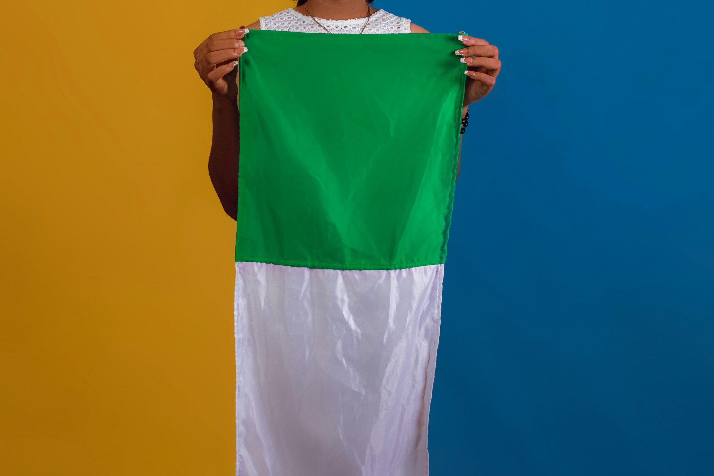 A woman holding up the Nigerian flag